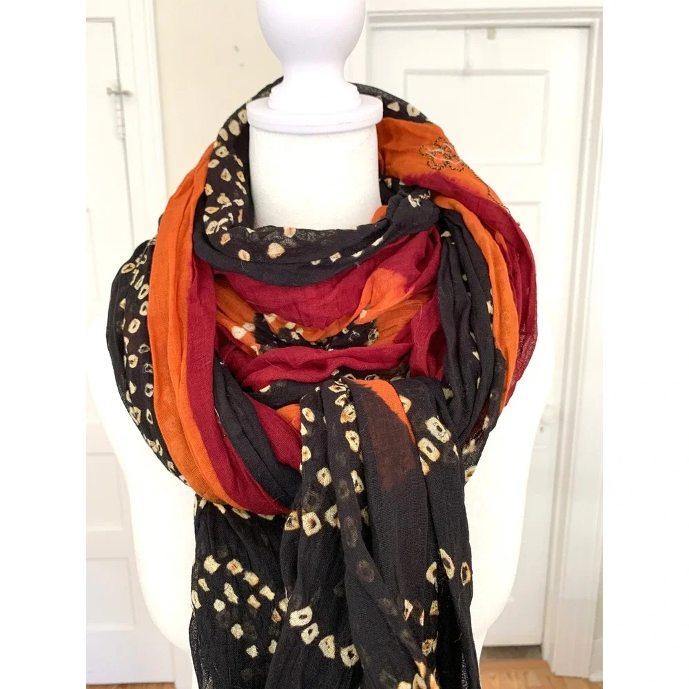 Gypsy Sheer Scarf Delicate Silver Sequins Rectangle 42 x 96 Maroon Black Orange
